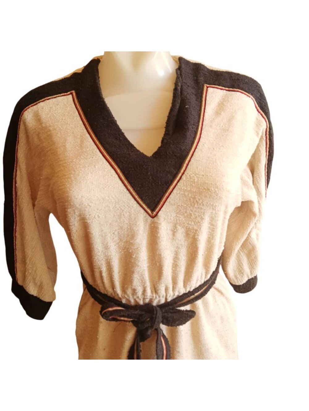True Vintage Dress Petite MS 1970s Terrycloth Belted Disco Trimmed V-Neck